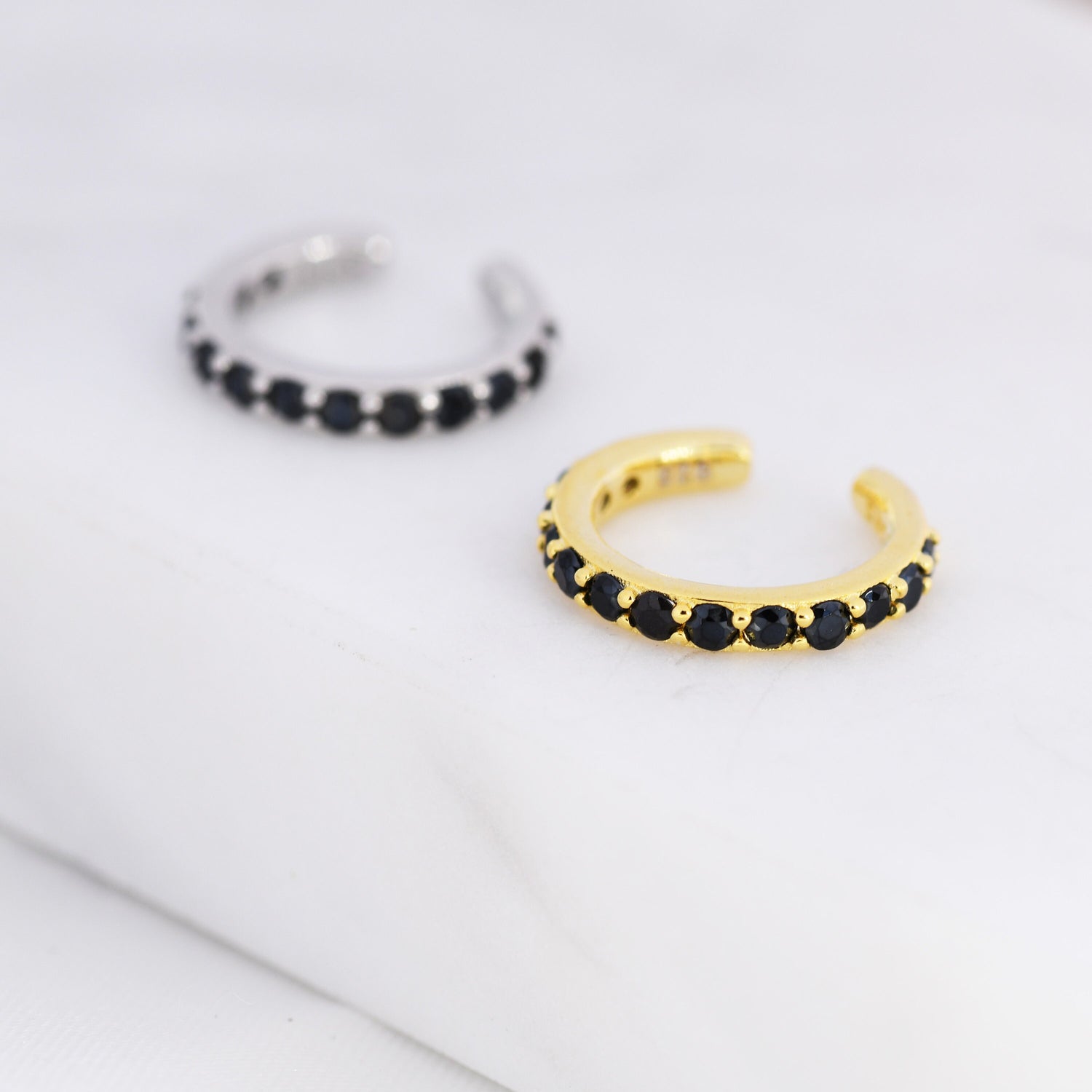 Black CZ Ear Cuff in Sterling Silver, Silver or Gold, Simple Piercing Free Earrings, Minimalist Ear Cuff, Black Diamond Ear Cuff