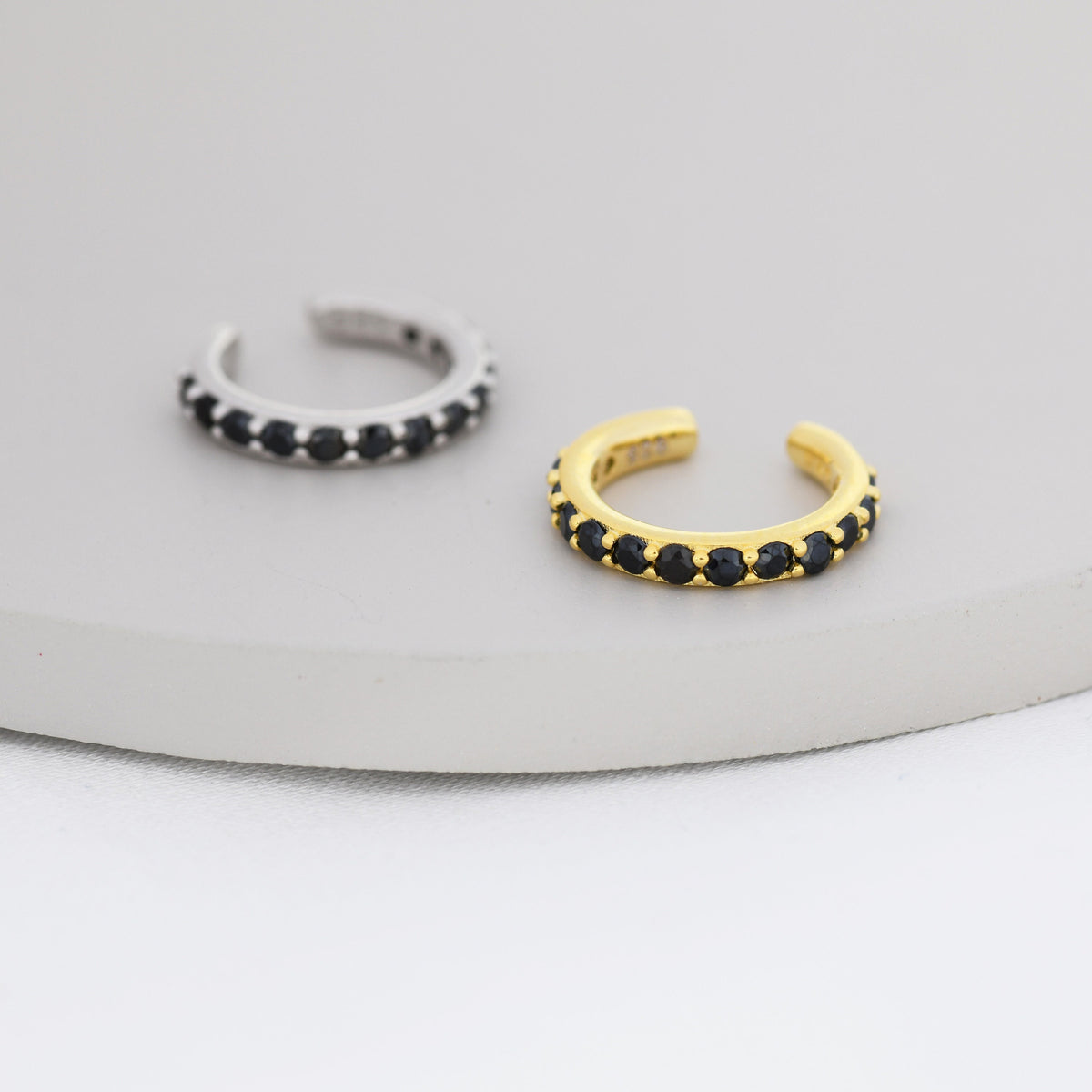 Black CZ Ear Cuff in Sterling Silver, Silver or Gold, Simple Piercing Free Earrings, Minimalist Ear Cuff, Black Diamond Ear Cuff