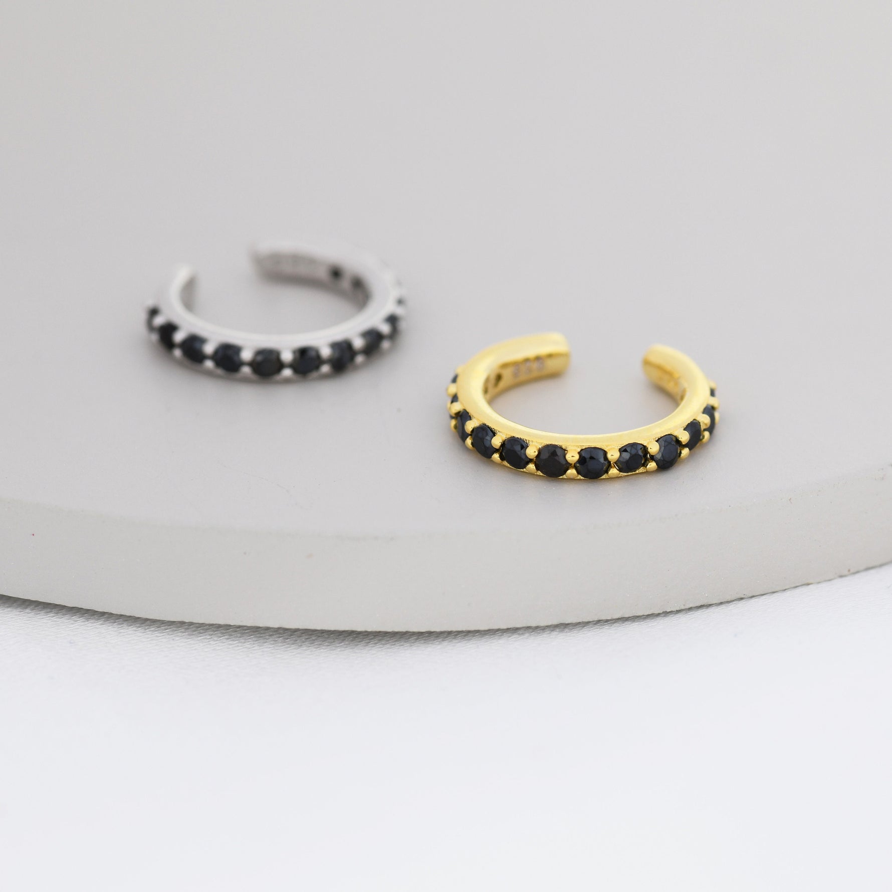 Black CZ Ear Cuff in Sterling Silver, Silver or Gold, Simple Piercing Free Earrings, Minimalist Ear Cuff, Black Diamond Ear Cuff