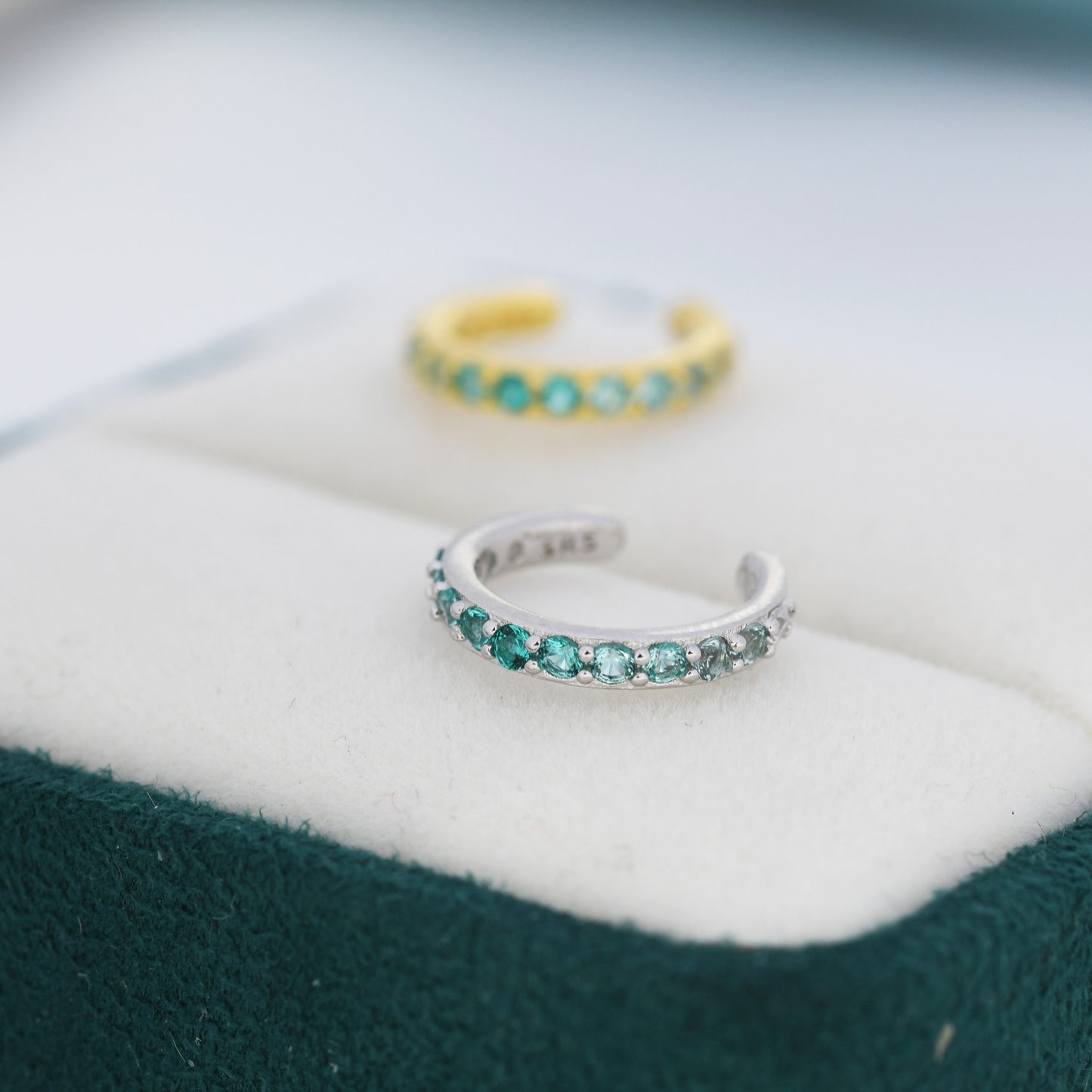 Emerald Green Ombre CZ Ear Cuff in Sterling Silver, Silver or Gold, Simple Piercing Free Earrings, Minimalist Ear Cuff, Green CZ Ear Cuff