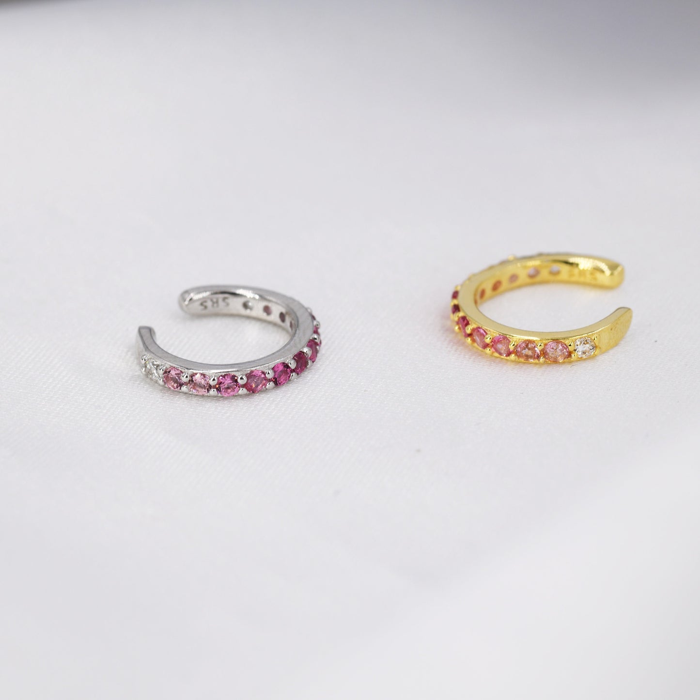 Ruby Red Ombre CZ Ear Cuff in Sterling Silver, Silver or Gold, Simple Piercing Free Earrings, Minimalist Ear Cuff, Pink CZ Ear Cuff