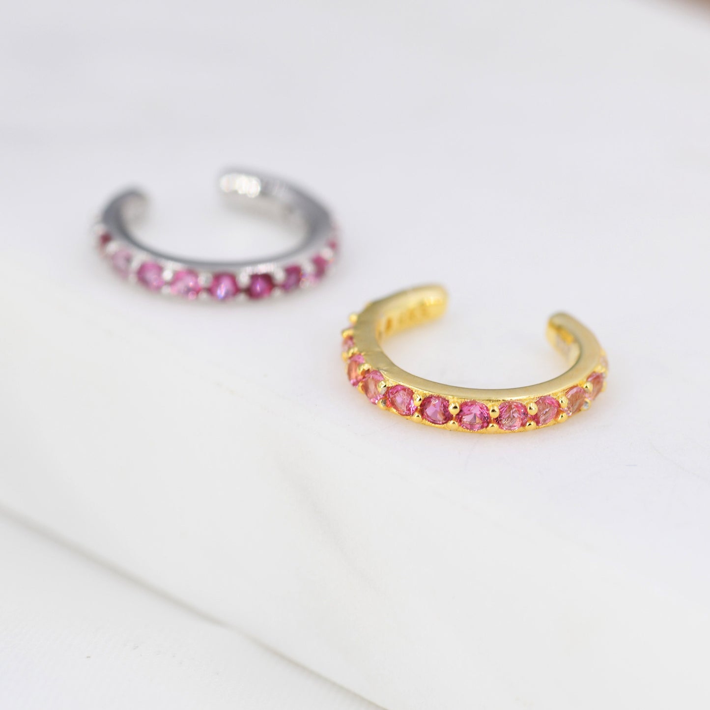 Ruby Red Ombre CZ Ear Cuff in Sterling Silver, Silver or Gold, Simple Piercing Free Earrings, Minimalist Ear Cuff, Pink CZ Ear Cuff