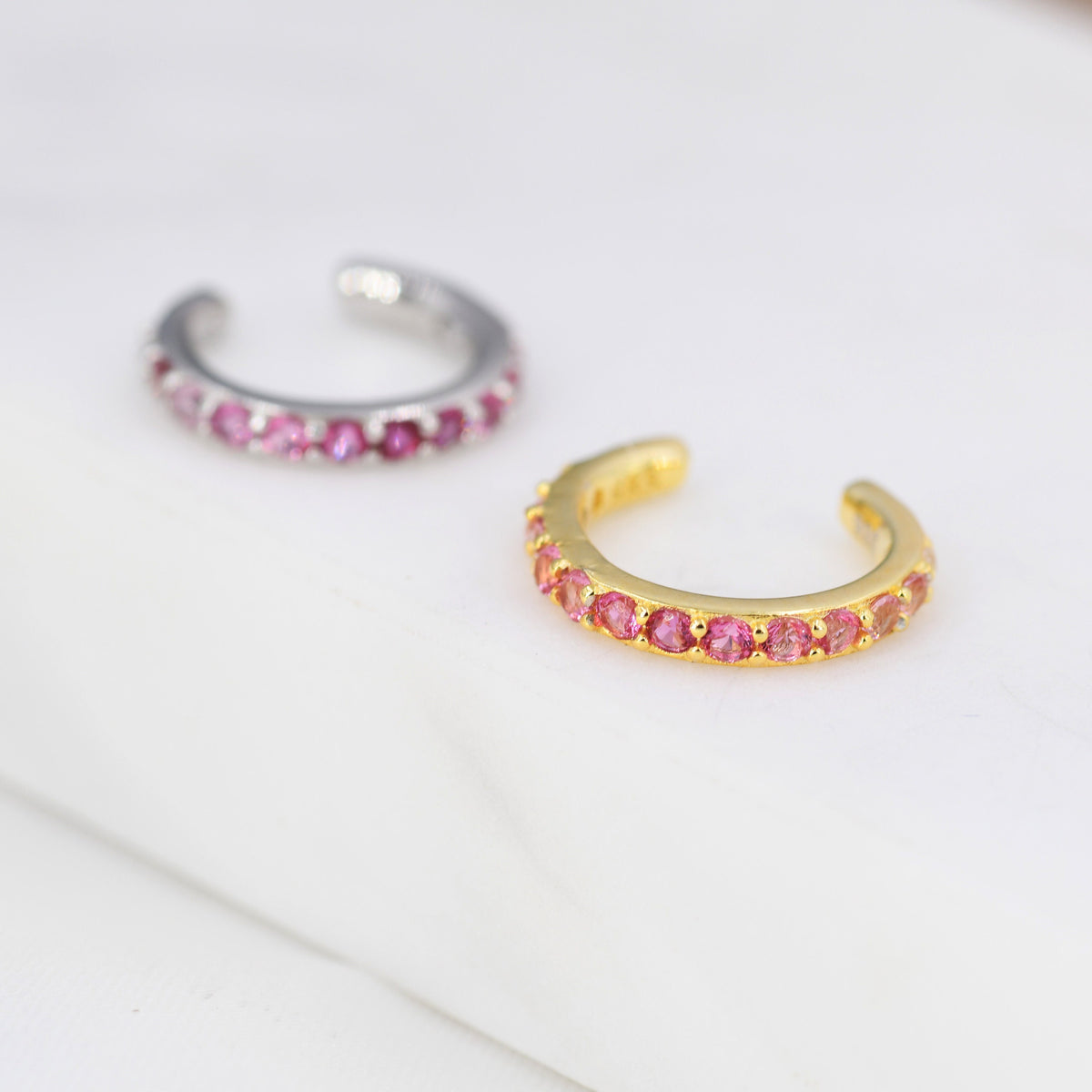 Ruby Red Ombre CZ Ear Cuff in Sterling Silver, Silver or Gold, Simple Piercing Free Earrings, Minimalist Ear Cuff, Pink CZ Ear Cuff
