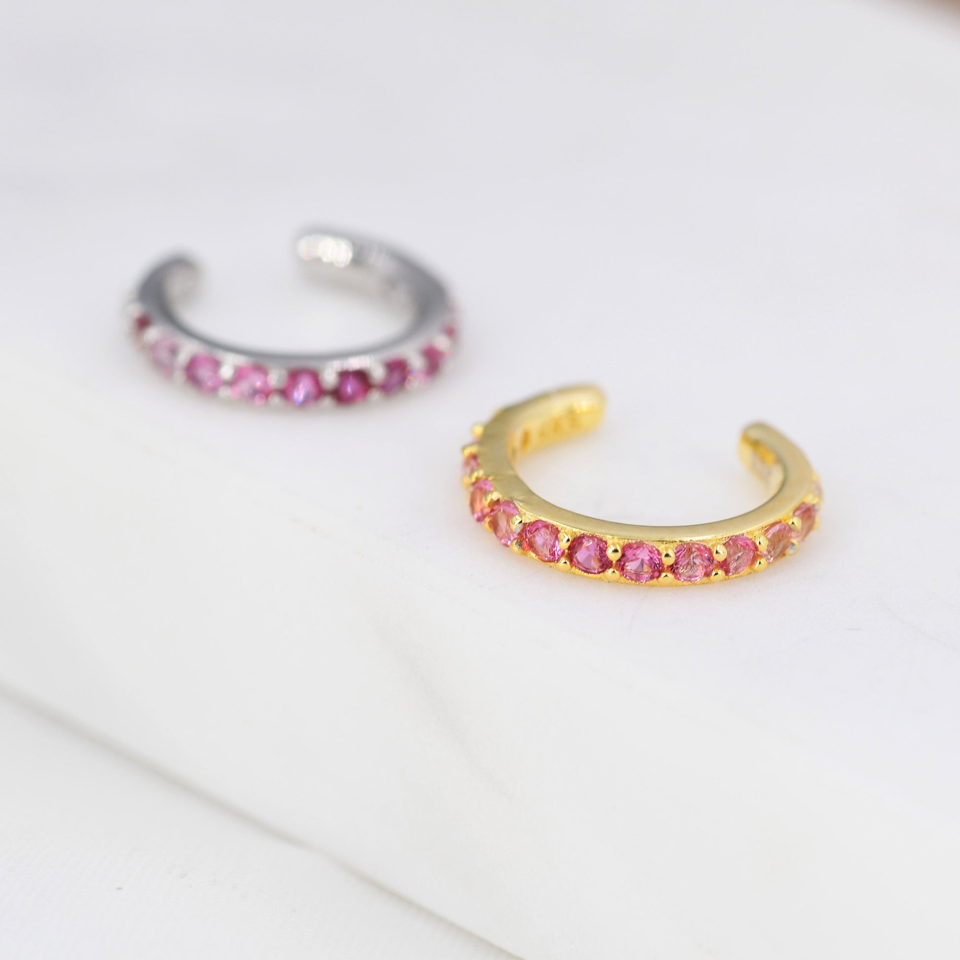 Ruby Red Ombre CZ Ear Cuff in Sterling Silver, Silver or Gold, Simple Piercing Free Earrings, Minimalist Ear Cuff, Pink CZ Ear Cuff