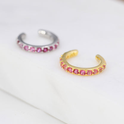 Ruby Red Ombre CZ Ear Cuff in Sterling Silver, Silver or Gold, Simple Piercing Free Earrings, Minimalist Ear Cuff, Pink CZ Ear Cuff
