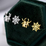 Mismatched Spider and Spider Web Stud Earrings in Sterling Silver, Silver or Gold, Nature Inspired, Insect Earrings