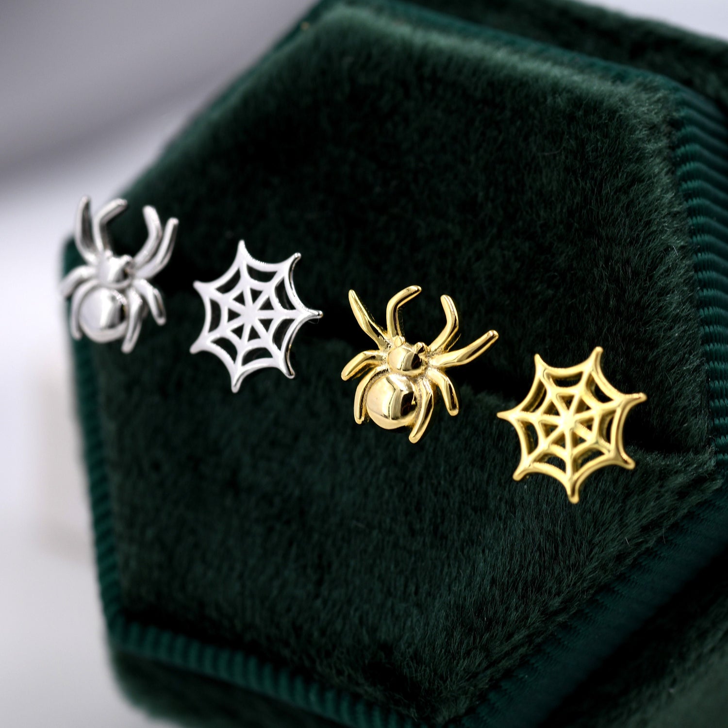 Mismatched Spider and Spider Web Stud Earrings in Sterling Silver, Silver or Gold, Nature Inspired, Insect Earrings