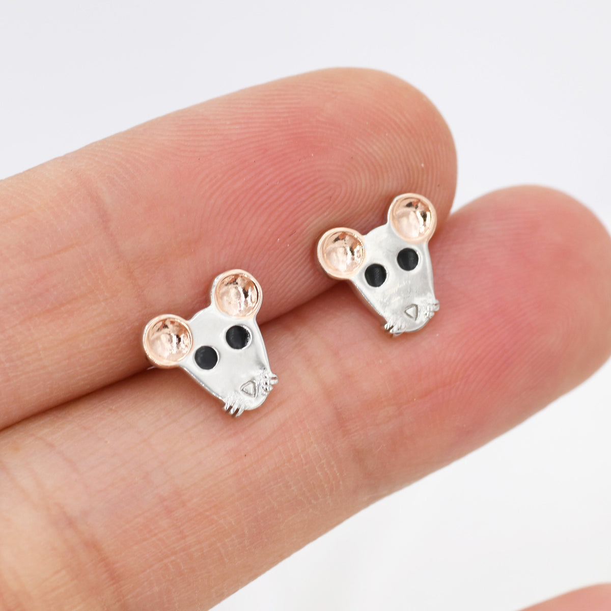 Mouse Stud Earrings in Sterling Silver, Sterling Silver Rat Earrings, Rose Gold Coated, Nature Inspired Animal Earrings