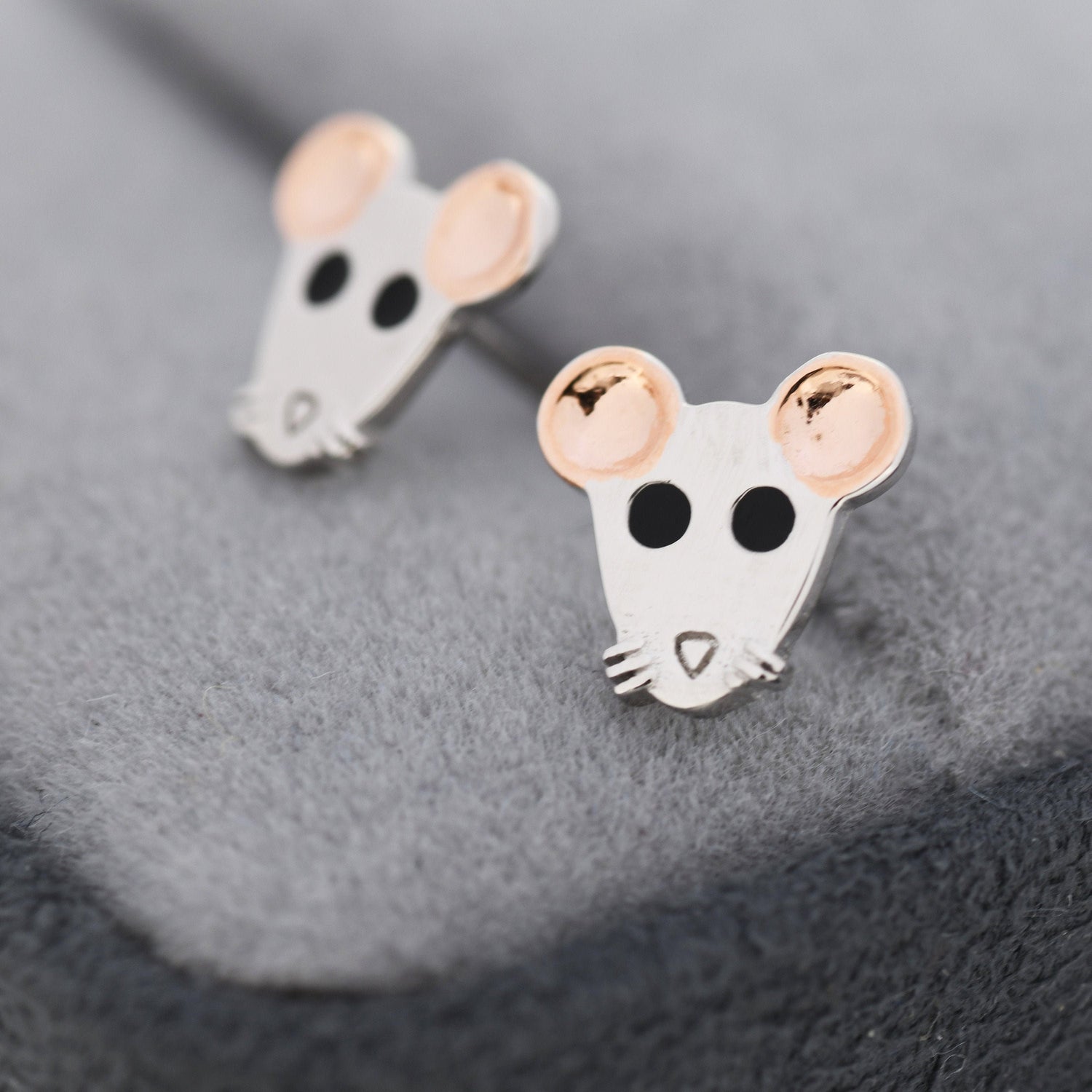 Mouse Stud Earrings in Sterling Silver, Sterling Silver Rat Earrings, Rose Gold Coated, Nature Inspired Animal Earrings