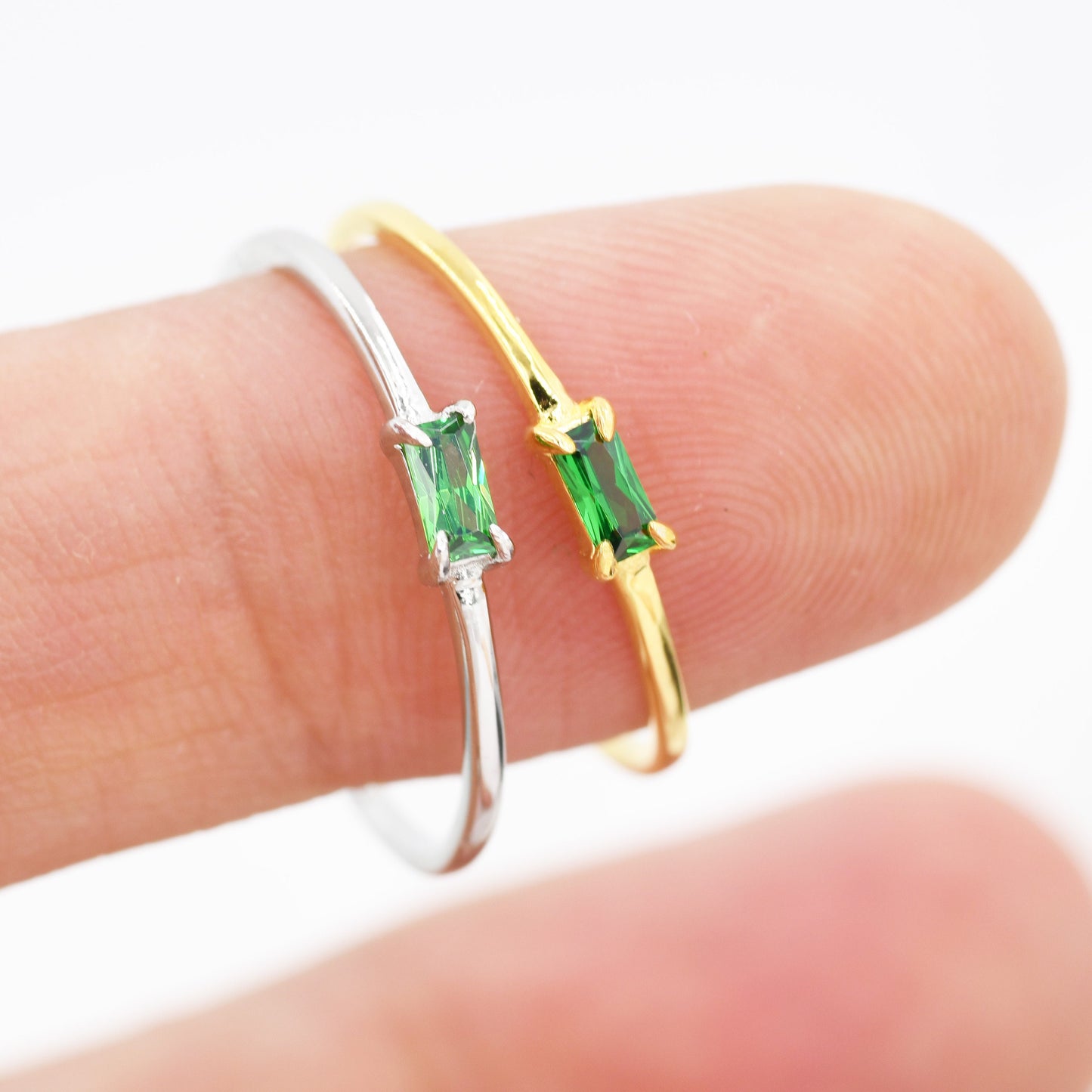 Emerald Baguette CZ Ring in Sterling Silver, Silver or Gold, Pronged Set, Minimalist Single Baguette CZ Ring US 5 - 8