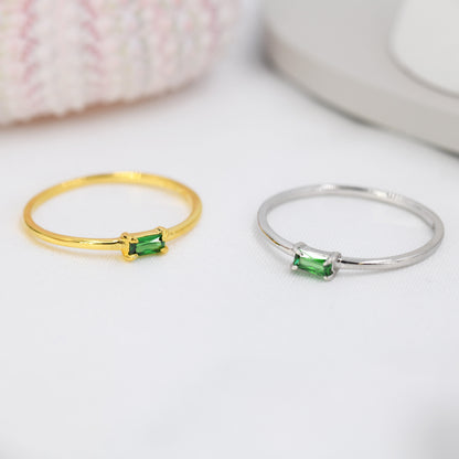 Emerald Baguette CZ Ring in Sterling Silver, Silver or Gold, Pronged Set, Minimalist Single Baguette CZ Ring US 5 - 8