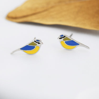 Blue Tit Bird Stud Earrings in Sterling Silver, Sterling Silver Blue Tit Earrings, Hand Painted Enamel Earrings, Animal Earrings