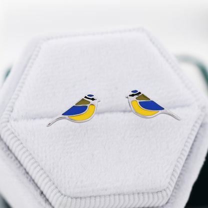 Blue Tit Bird Stud Earrings in Sterling Silver, Sterling Silver Blue Tit Earrings, Hand Painted Enamel Earrings, Animal Earrings