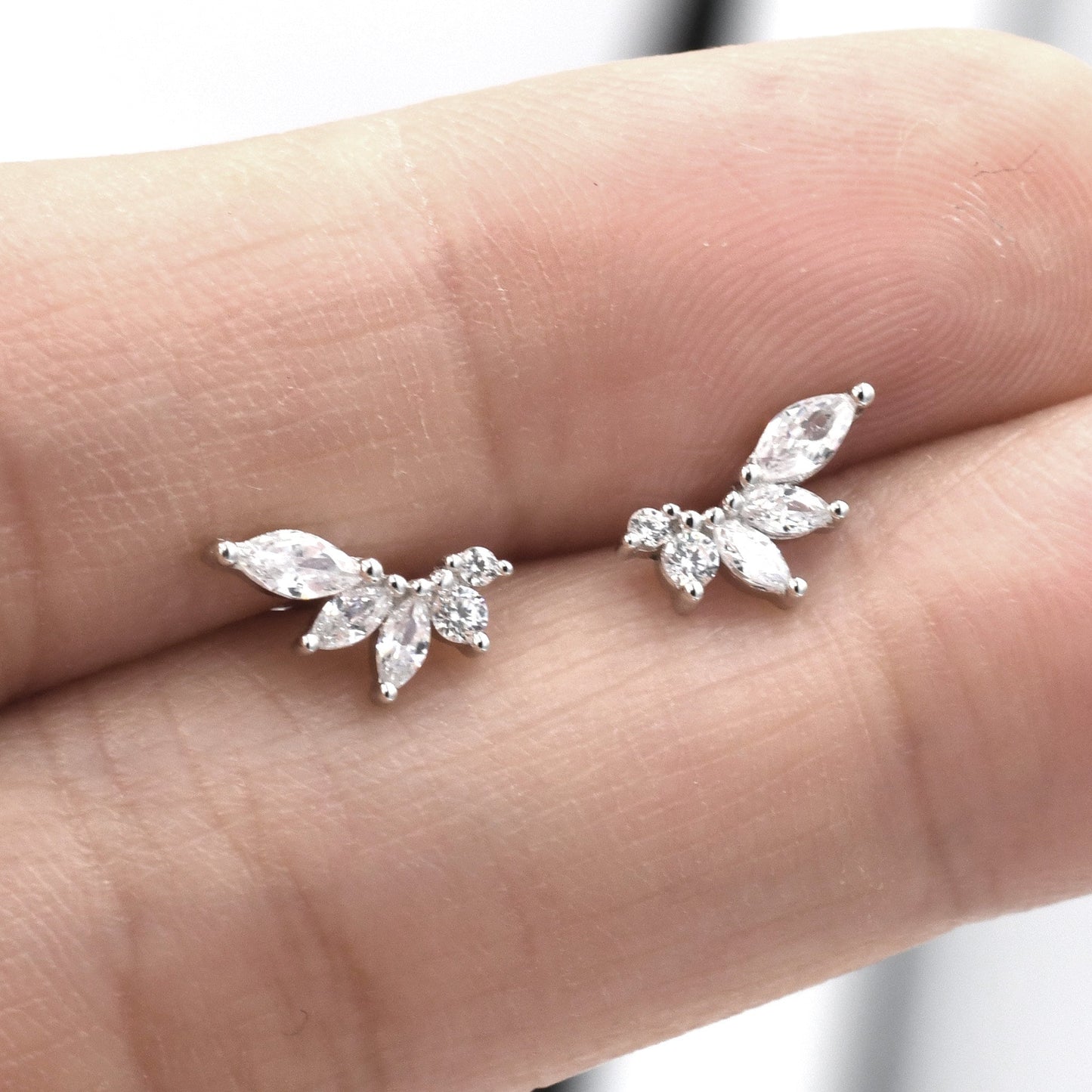 CZ Cluster Stud Earrings in Sterling Silver, Silver or Gold,  Dainty Marquise Crystal Earrings, Bridesmaid&#39;s Jewellery