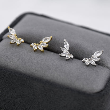 CZ Cluster Stud Earrings in Sterling Silver, Silver or Gold,  Dainty Marquise Crystal Earrings, Bridesmaid&#39;s Jewellery