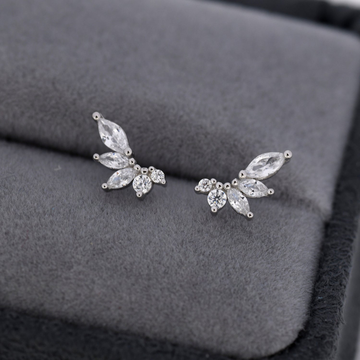 CZ Cluster Stud Earrings in Sterling Silver, Silver or Gold, Dainty Marquise Crystal Earrings, Bridesmaid's Jewellery