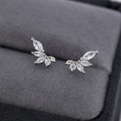 CZ Cluster Stud Earrings in Sterling Silver, Silver or Gold,  Dainty Marquise Crystal Earrings, Bridesmaid&#39;s Jewellery