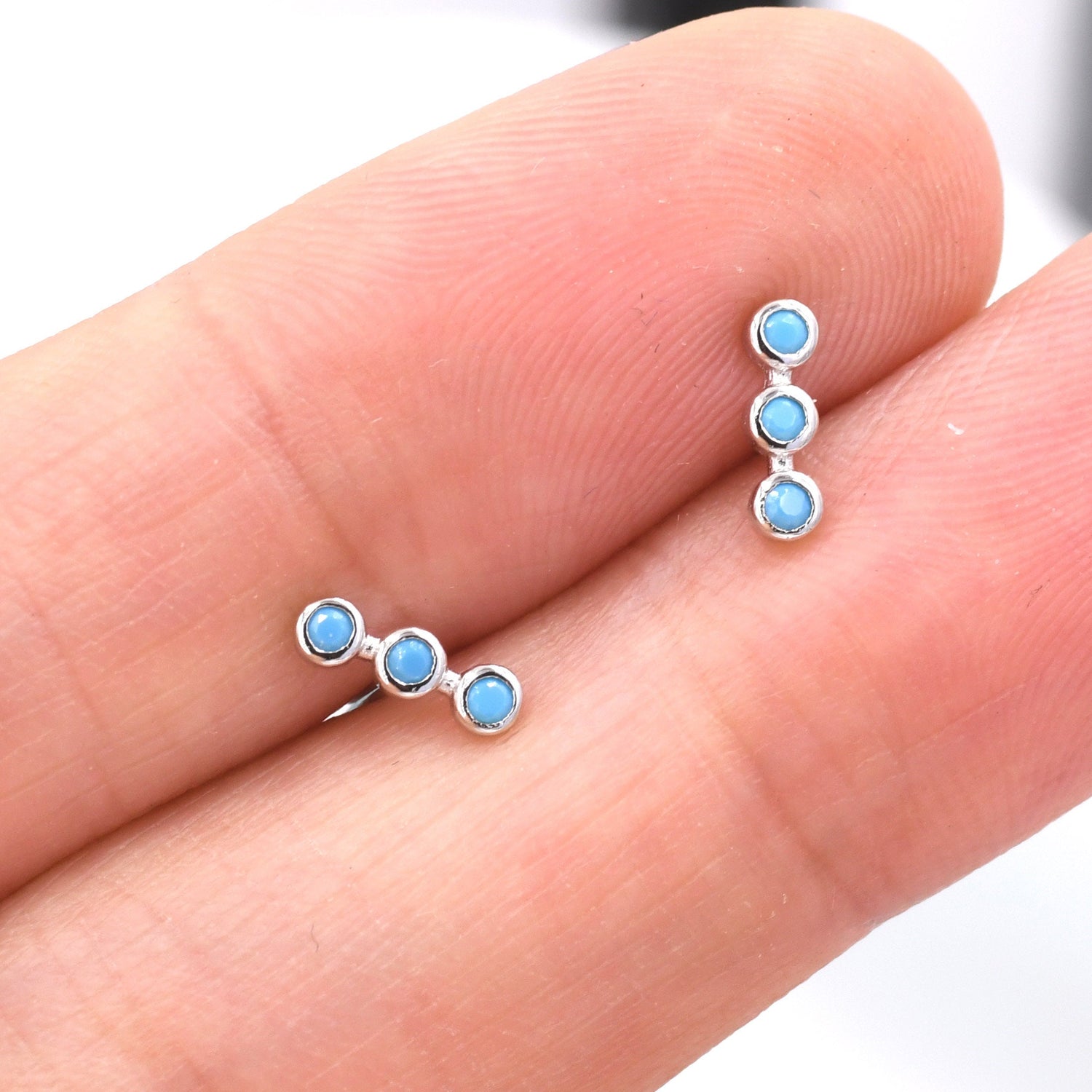 Extra Tiny Turquoise Bar Stud Earrings in Sterling Silver, Silver or Gold,  Three Dot Earrings, Blue Bar Earrings
