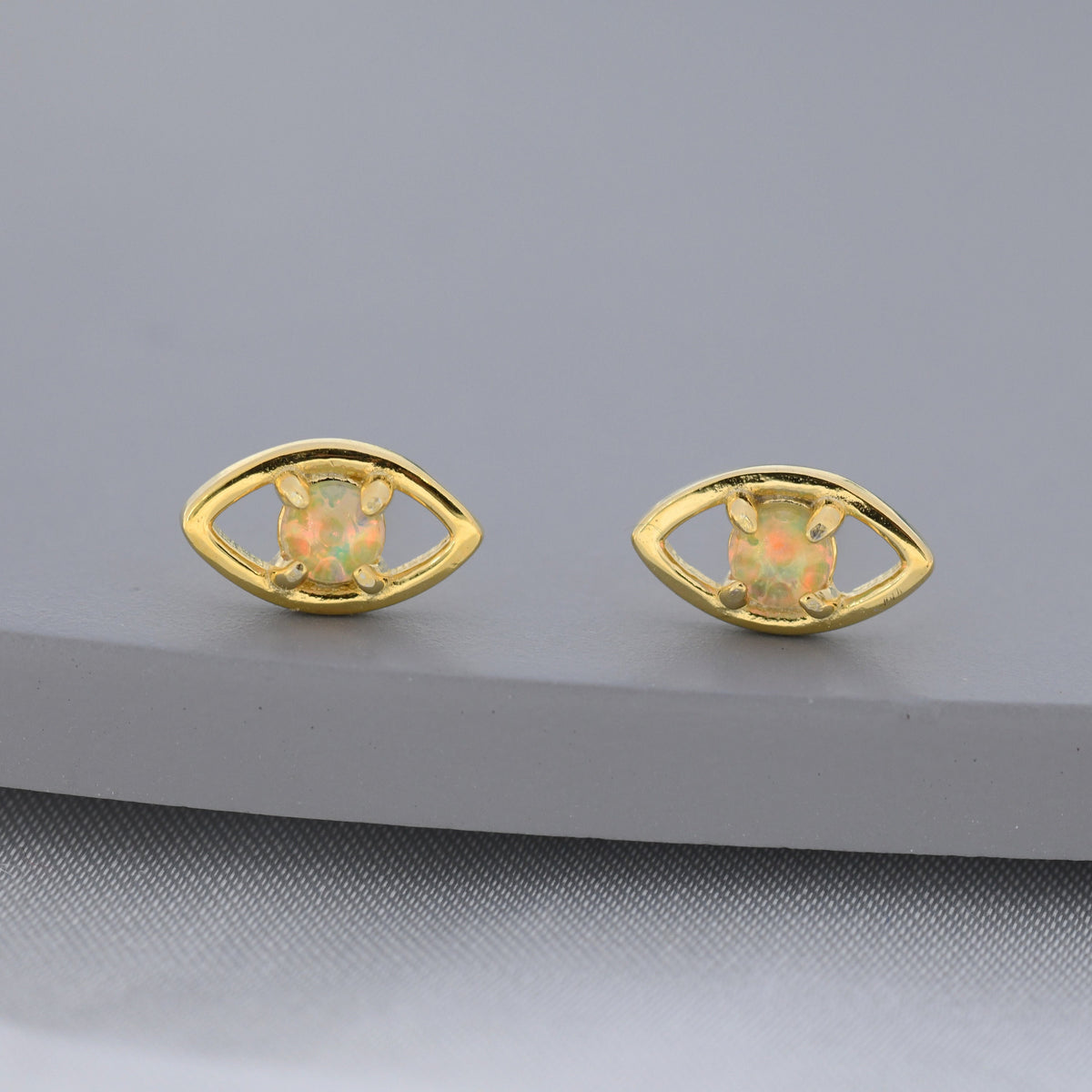 Opal Eye Stud Earrings in Sterling Silver, Silver or Gold, Eye Earrings, Opal Earrings