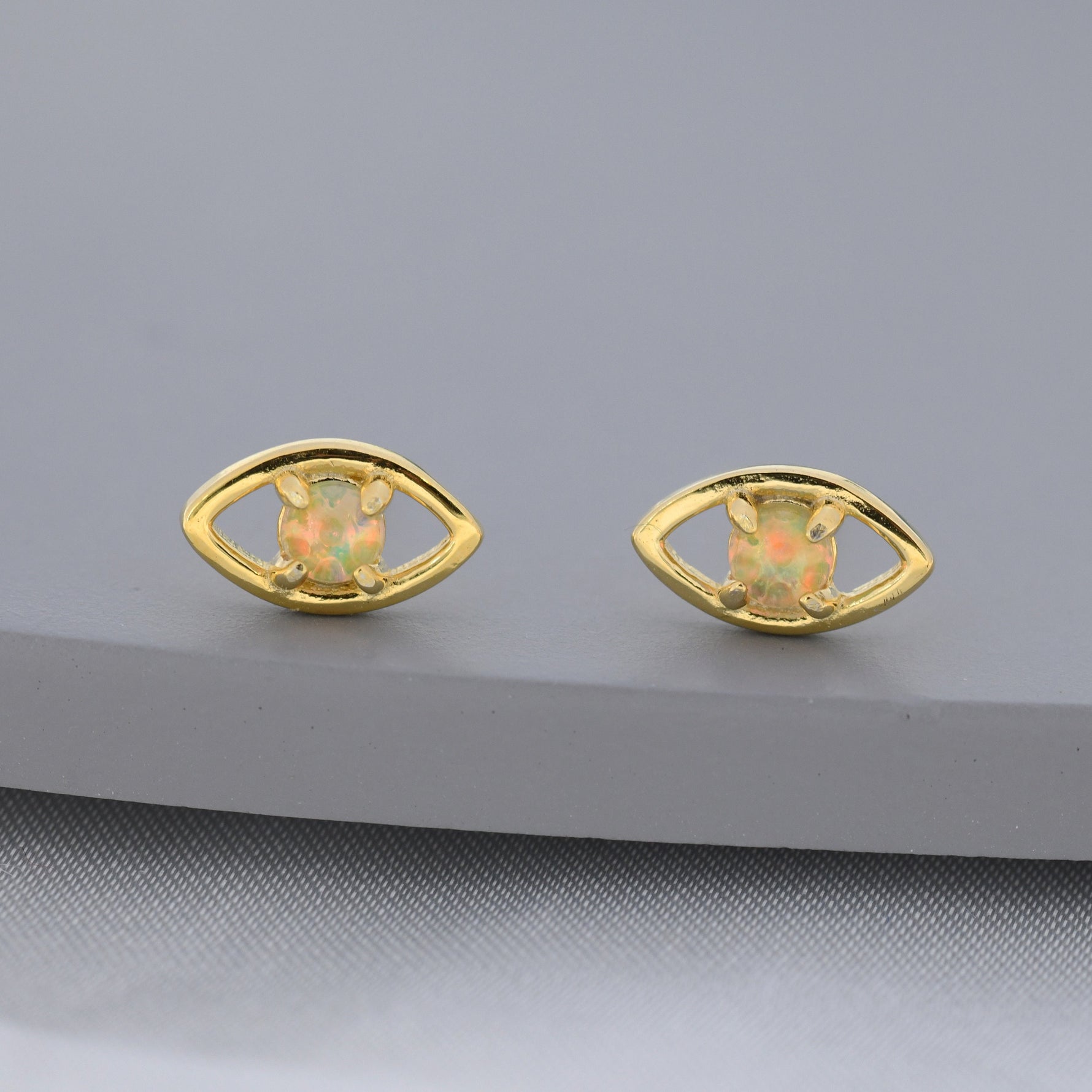 Opal Eye Stud Earrings in Sterling Silver, Silver or Gold, Eye Earrings, Opal Earrings