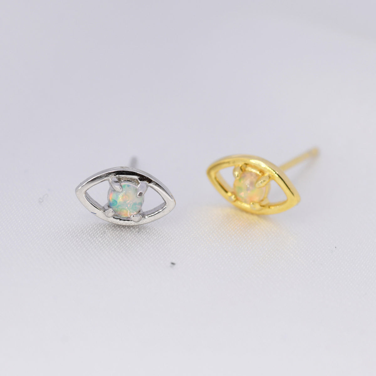 Opal Eye Stud Earrings in Sterling Silver, Silver or Gold, Eye Earrings, Opal Earrings