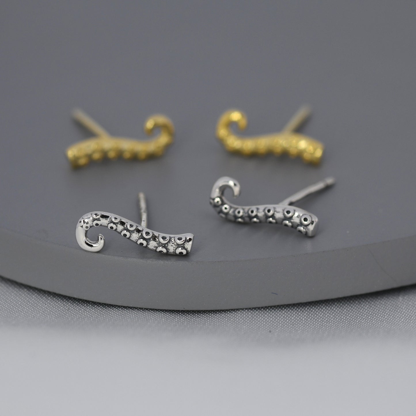 Octopus Tentacle Stud Earrings in Sterling Silver, Silver or Gold, Dainty Earrings, Nature Inspired Animal Earrings