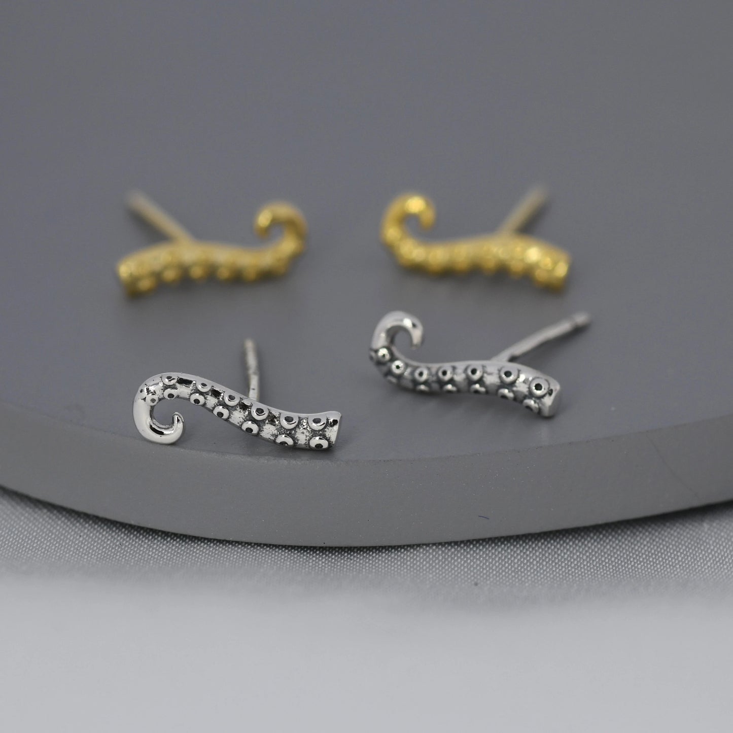 Octopus Tentacle Stud Earrings in Sterling Silver, Silver or Gold,  Dainty Earrings, Nature Inspired Animal Earrings