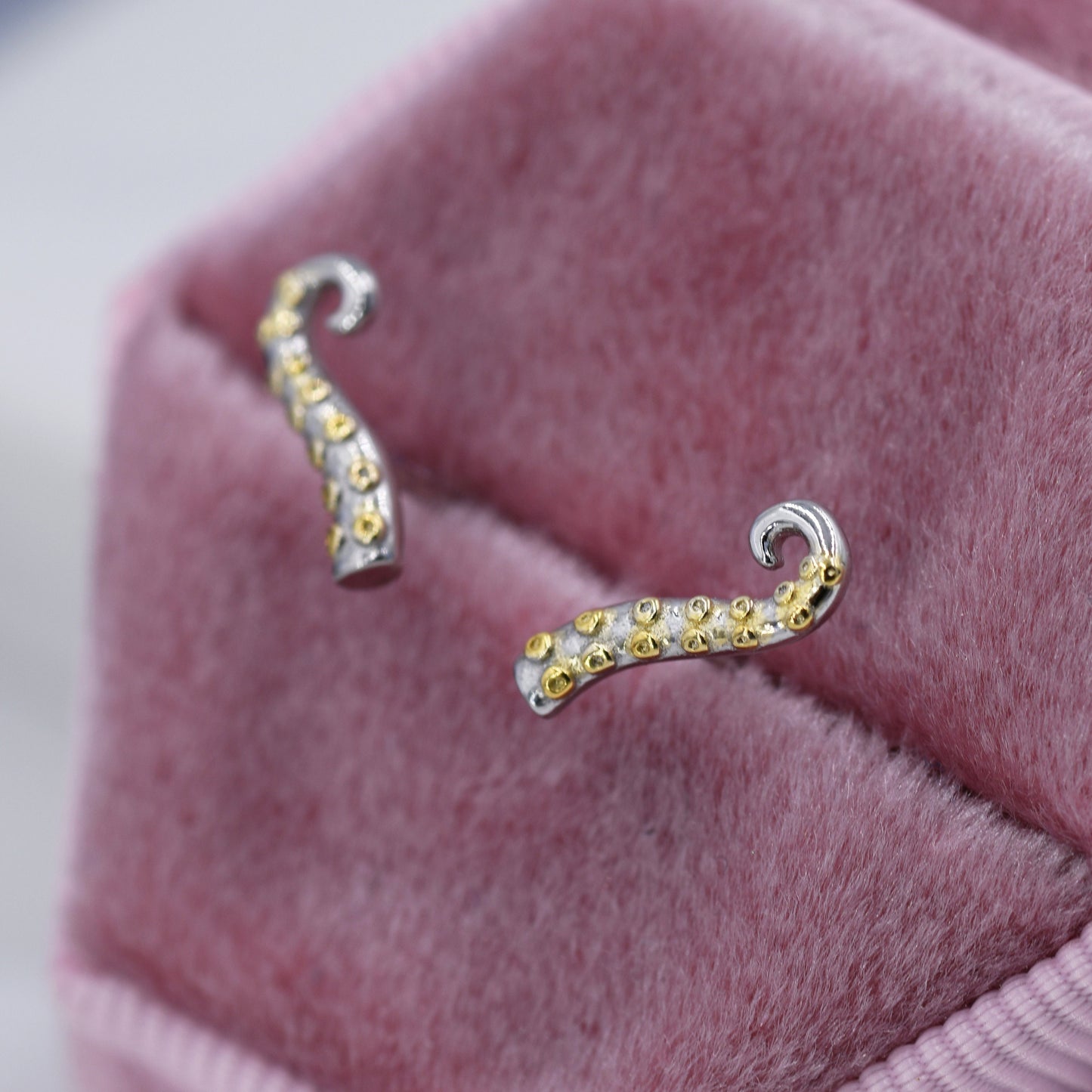 Octopus Tentacle Stud Earrings in Sterling Silver, Silver or Gold, Dainty Earrings, Nature Inspired Animal Earrings, Stacking Earrings