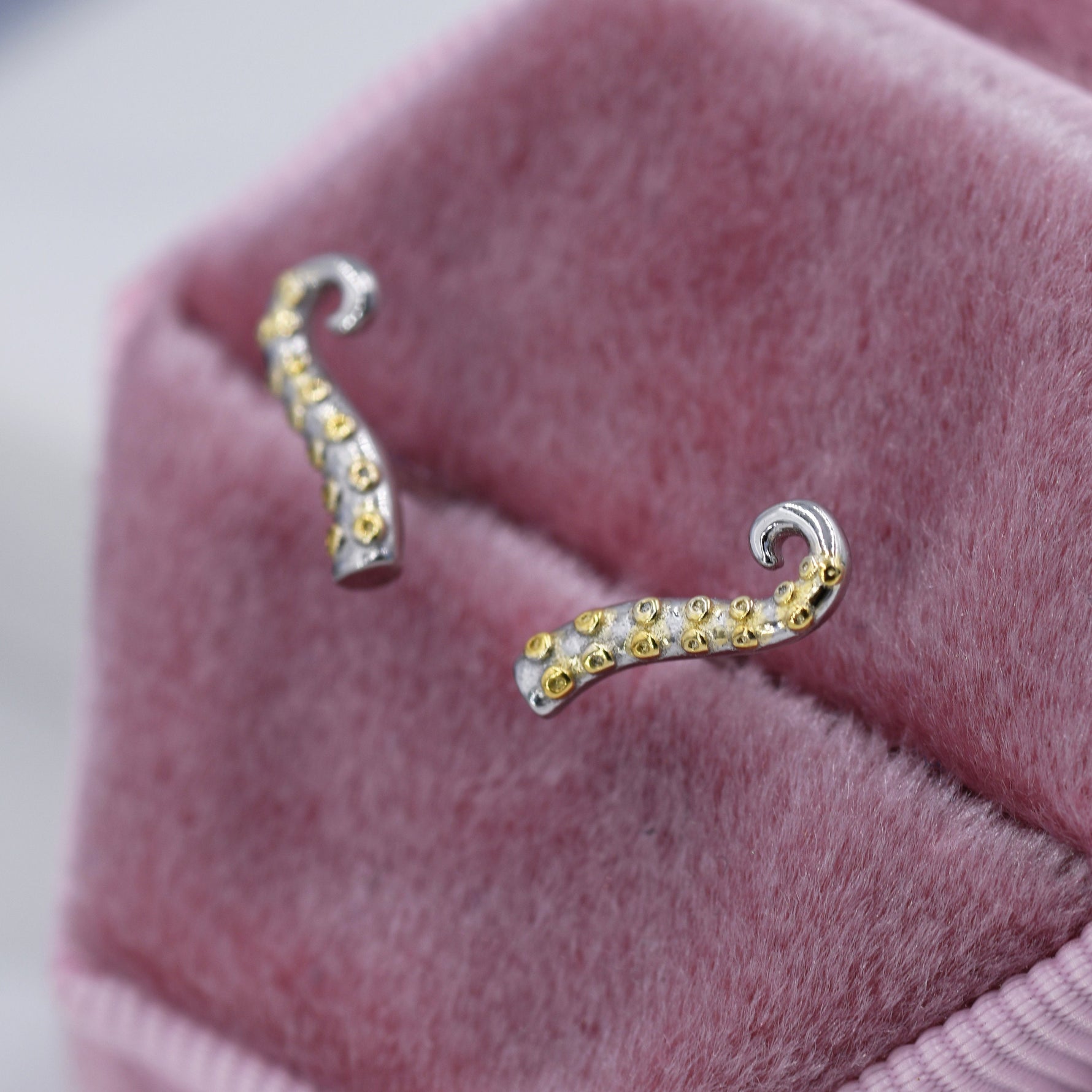 Octopus Tentacle Stud Earrings in Sterling Silver, Silver or Gold, Dainty Earrings, Nature Inspired Animal Earrings, Stacking Earrings