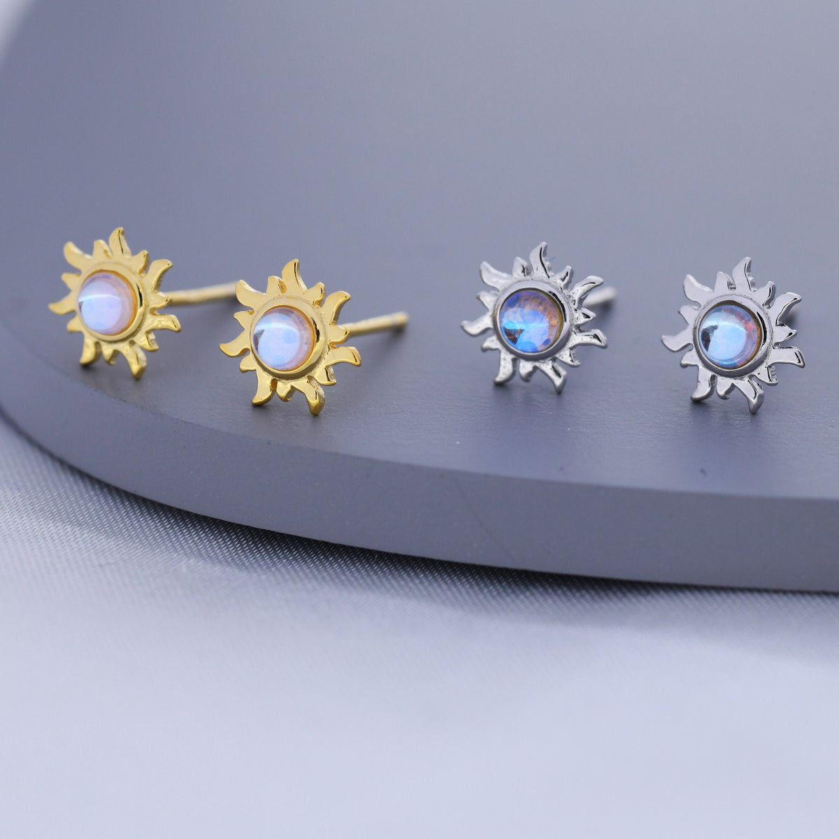 Tiny Sun Stud Earrings in Sterling Silver with Simulated Moonstone, Silver or Gold, Sun Earrings, Celestial Earrings