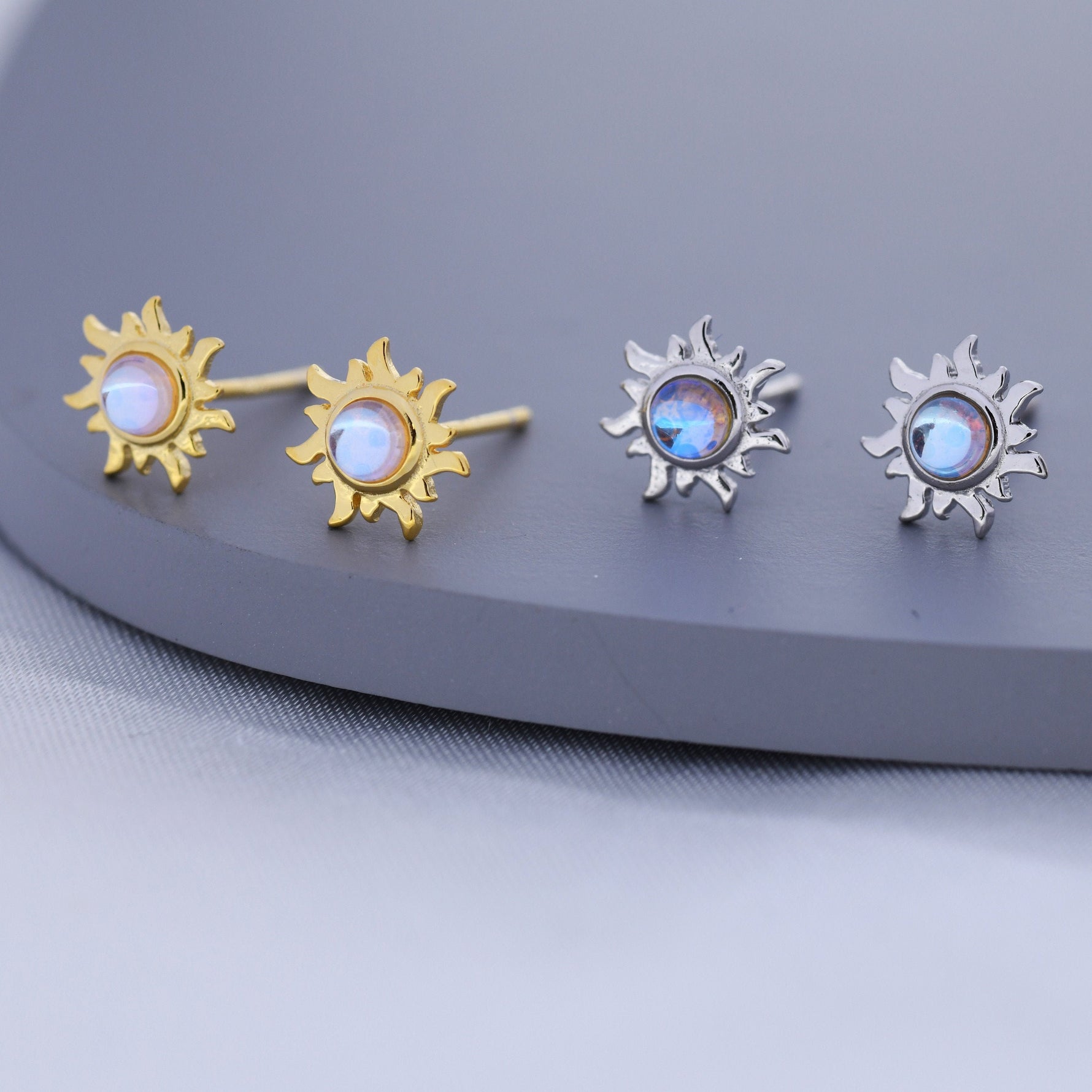 Tiny Sun Stud Earrings in Sterling Silver with Simulated Moonstone, Silver or Gold, Sun Earrings, Celestial Earrings