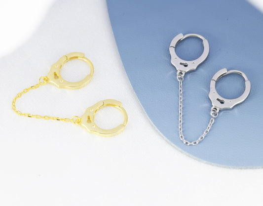 Handcuff Hoop Earrings with a Linking Chain, Silver or Gold, Chained  Hoop Earrings, Linked Hoops, Linked Hoops, Double Piercing Earrings