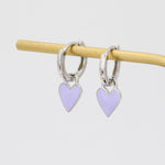 Dangling Enamel Heart Earrings in Sterling Silver, Detachable Heart Charm Dangle Hoop Earrings, Interchangeable