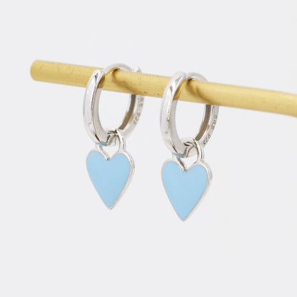 Sky Blue Enamel Heart Earrings in Sterling Silver, Detachable Heart Charm Dangle Hoop Earrings, Interchangeable