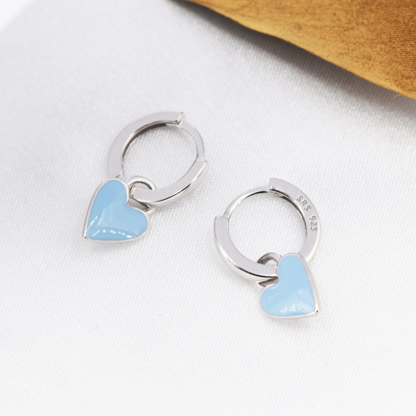 Sky Blue Enamel Heart Earrings in Sterling Silver, Detachable Heart Charm Dangle Hoop Earrings, Interchangeable