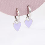 Lilac Purple Enamel Heart Earrings in Sterling Silver, Detachable Heart Charm Dangle Hoop Earrings, Interchangeable