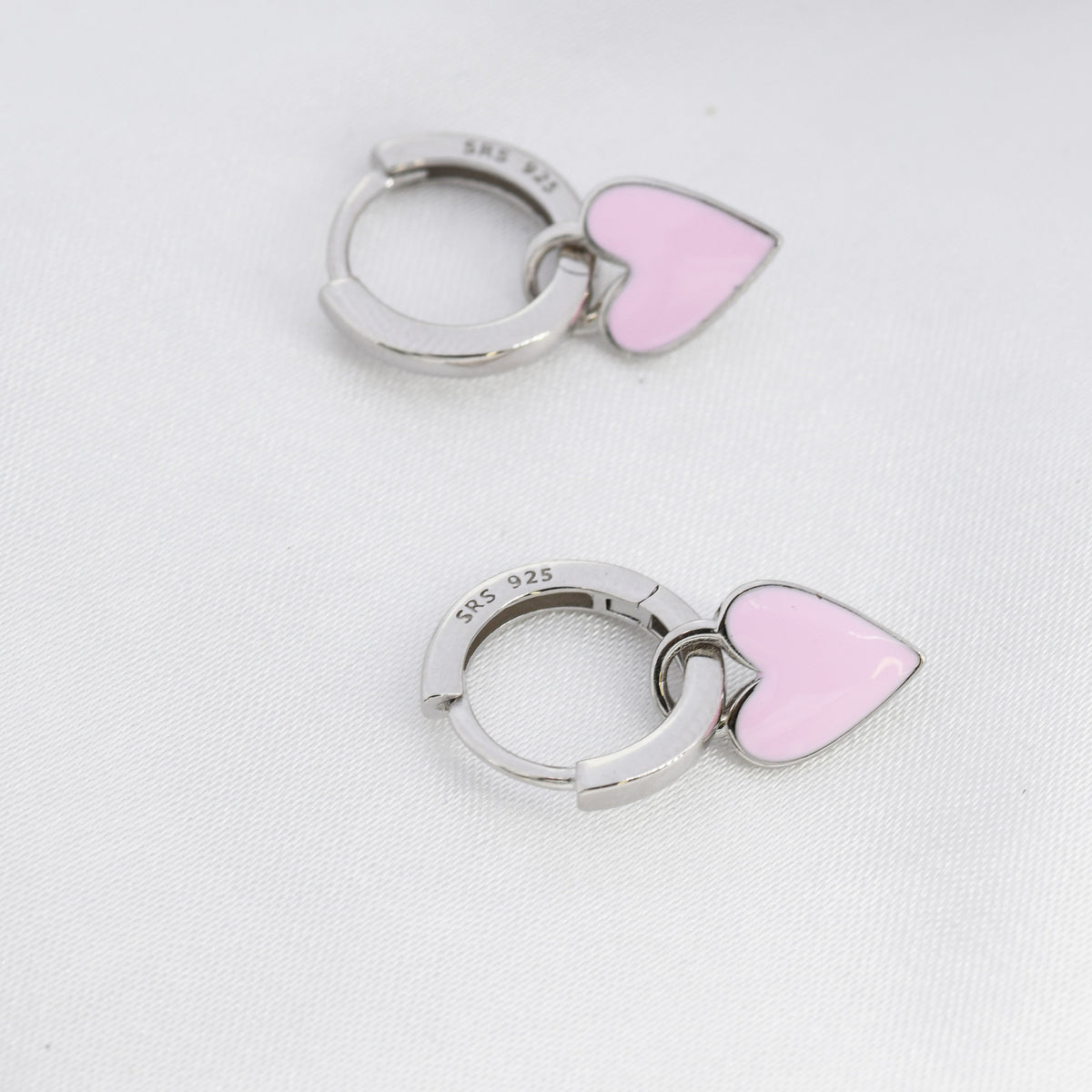 Pink Enamel Heart Earrings in Sterling Silver, Detachable Heart Charm Dangle Hoop Earrings, Interchangeable