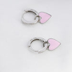 Pink Enamel Heart Earrings in Sterling Silver, Detachable Heart Charm Dangle Hoop Earrings, Interchangeable