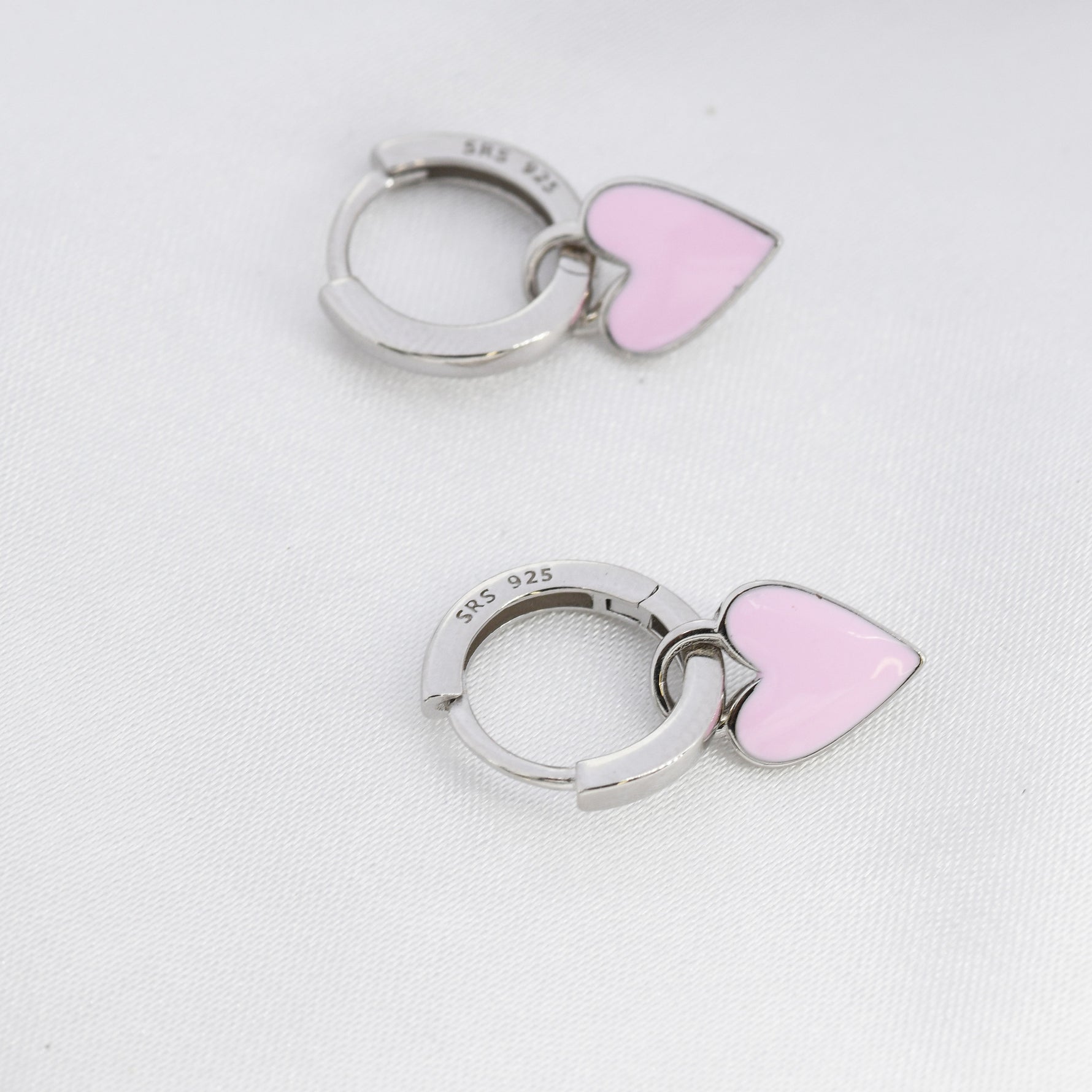 Pink Enamel Heart Earrings in Sterling Silver, Detachable Heart Charm Dangle Hoop Earrings, Interchangeable