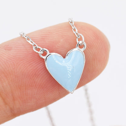 Sky Blue Enamel Heart Pendant Necklace in Sterling Silver, Blue Heart Necklace, Dainty and Tiny