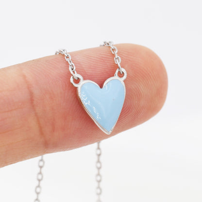 Sky Blue Enamel Heart Pendant Necklace in Sterling Silver, Blue Heart Necklace, Dainty and Tiny