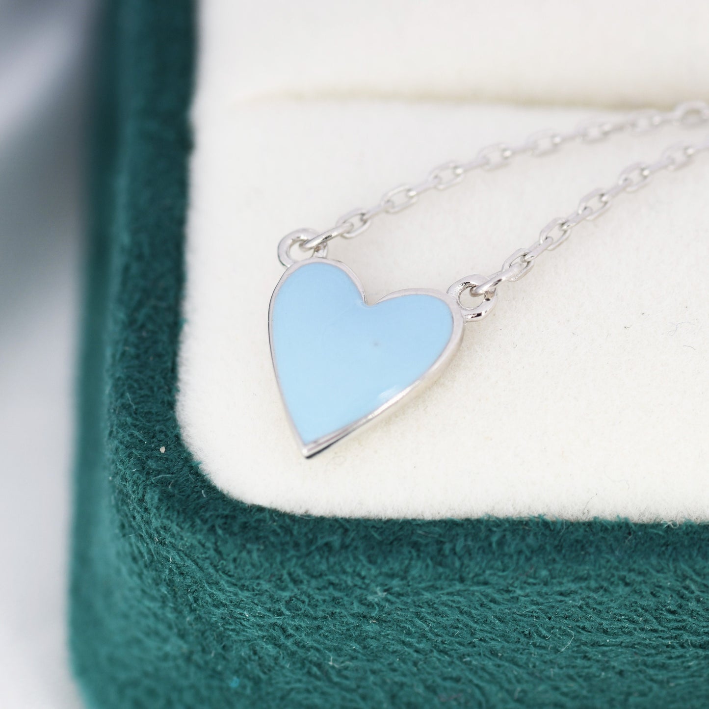 Sky Blue Enamel Heart Pendant Necklace in Sterling Silver, Blue Heart Necklace, Dainty and Tiny