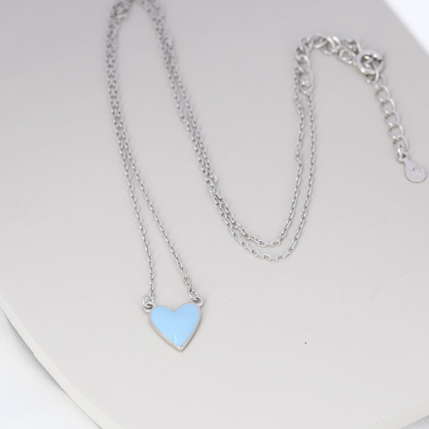 Sky Blue Enamel Heart Pendant Necklace in Sterling Silver, Blue Heart Necklace, Dainty and Tiny