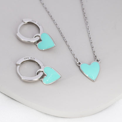 Teal Blue Enamel Heart Pendant Necklace in Sterling Silver, Blue Heart Necklace, Dainty and Tiny