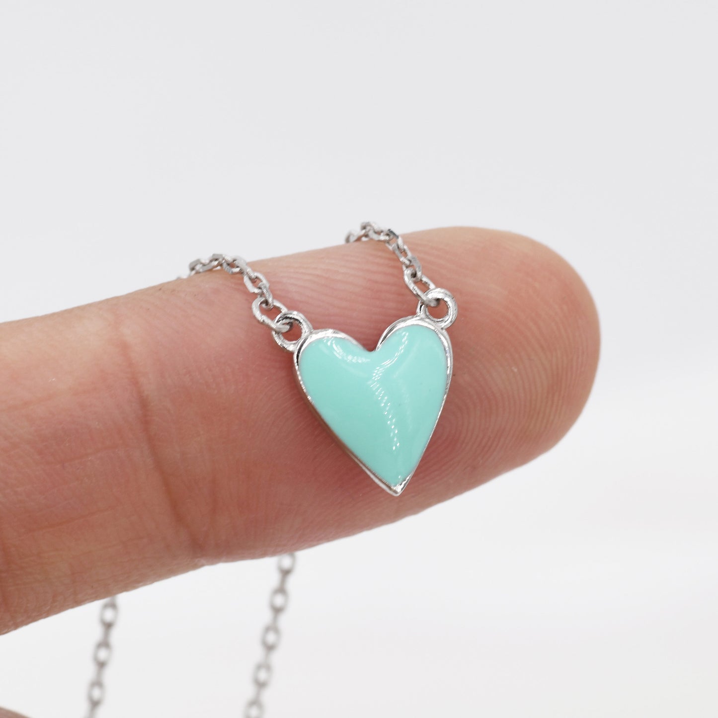 Teal Blue Enamel Heart Pendant Necklace in Sterling Silver, Blue Heart Necklace, Dainty and Tiny