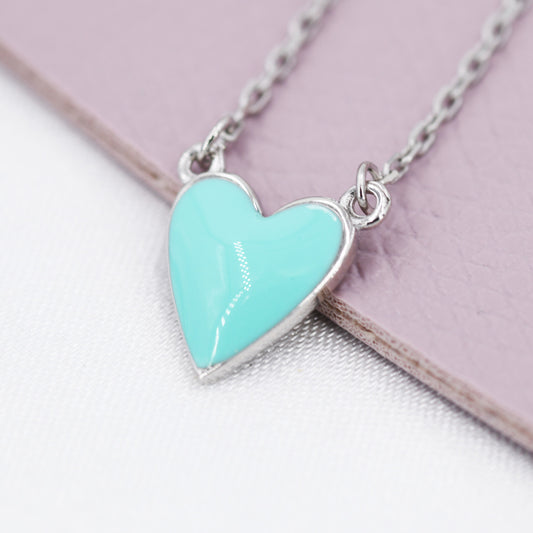 Teal Blue Enamel Heart Pendant Necklace in Sterling Silver, Blue Heart Necklace, Dainty and Tiny