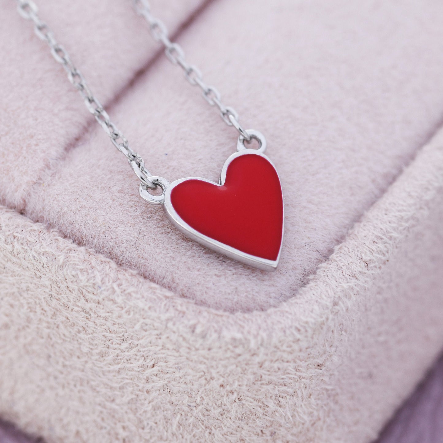 Red Enamel Heart Pendant Necklace in Sterling Silver, Red Heart Necklace, Dainty and Tiny