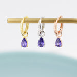 Sterling Silver Amethyst Purple CZ Droplet Hoop Earrings, Silver, Gold or Rose Gold, Pear Cut Drop Earrings, Interchangeable Charms