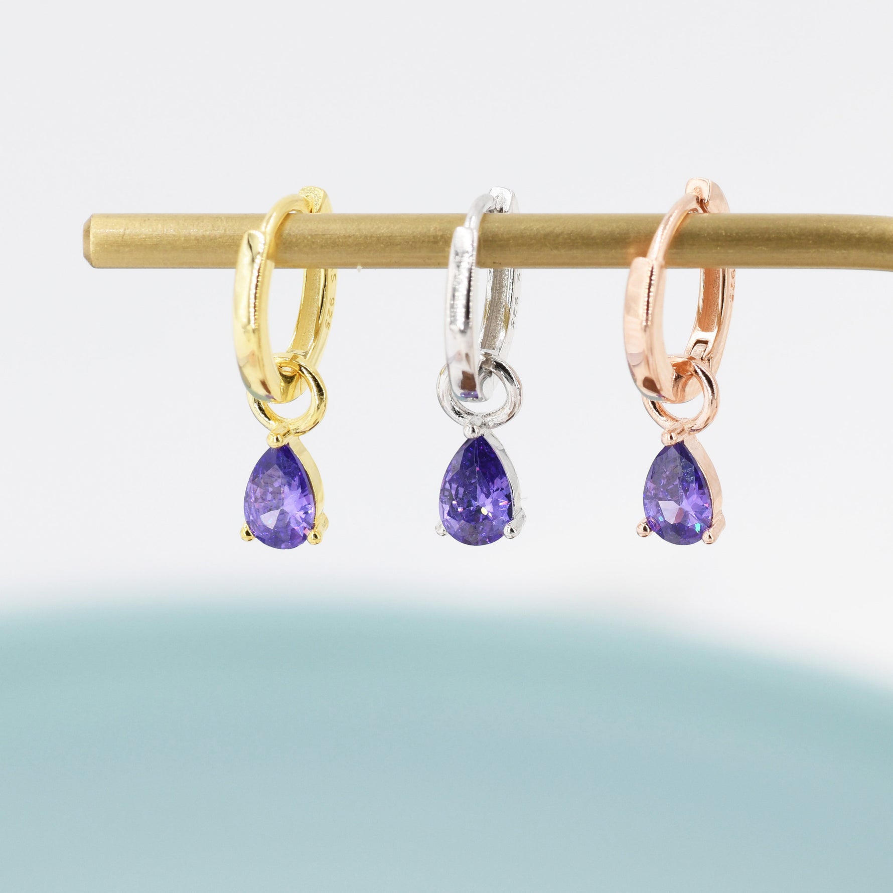 Sterling Silver Amethyst Purple CZ Droplet Hoop Earrings, Silver, Gold or Rose Gold, Pear Cut Drop Earrings, Interchangeable Charms