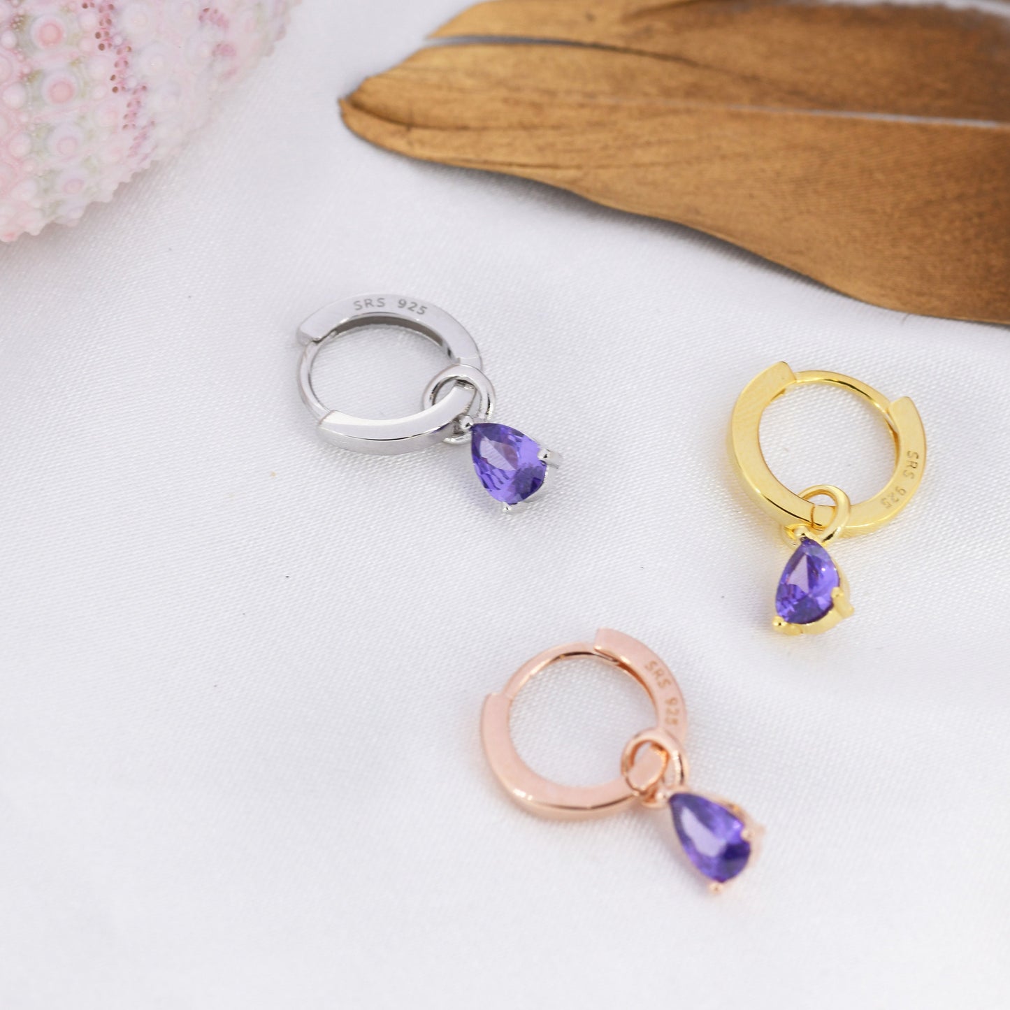 Sterling Silver Amethyst Purple CZ Droplet Hoop Earrings,  Silver, Gold or Rose Gold,  Pear Cut Drop Earrings,  Interchangeable Charms